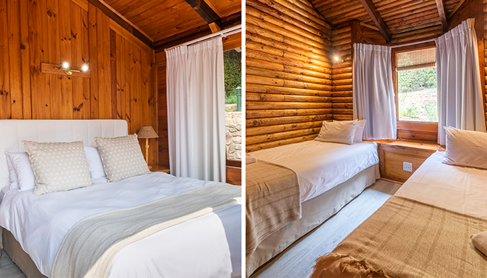 Double and twin bedrooms inside a lagoon-side chalet at The Milkwood Collection, Knysna