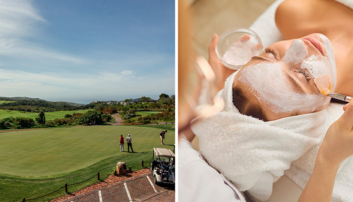 Golfers on the green at Pezula Golf Course and a woman enjoying a luxury facial spa treatment