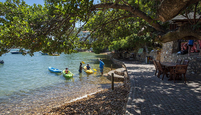 Children and adults launching kayaks from the beach under milkwood trees at The Milkwood Collection