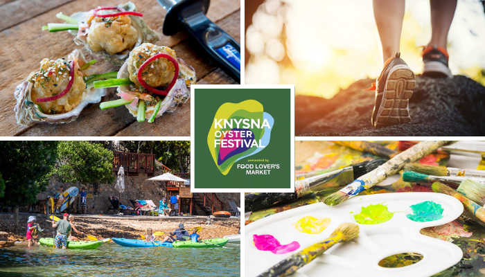 Collage of Knysna Oyster Festival showing oysters, kayaking, hiking, and art activities