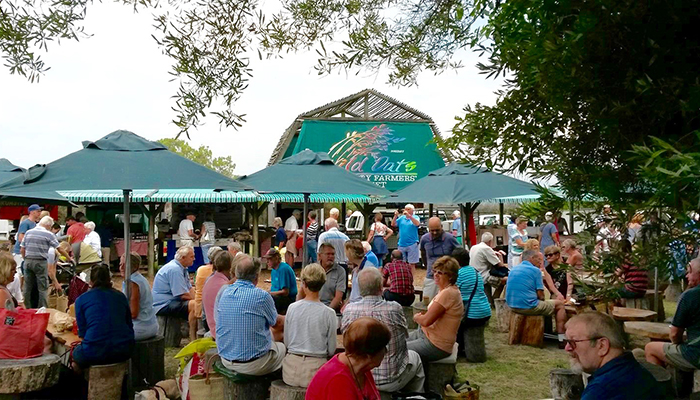 People enjoying local food and community vibes at Wild Oats Farmers Market in Sedgefield, Garden Route