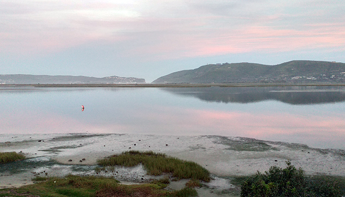 Soft pink and blue sky reflected in the still Knysna Lagoon