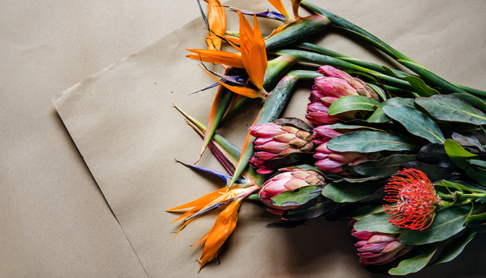 A bouquet of local proteas and strelitzias on brown paper