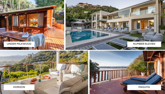 Collage showing Milkwood Collection properties: Under Milkwood, Number Eleven, Horizon, and Paquita