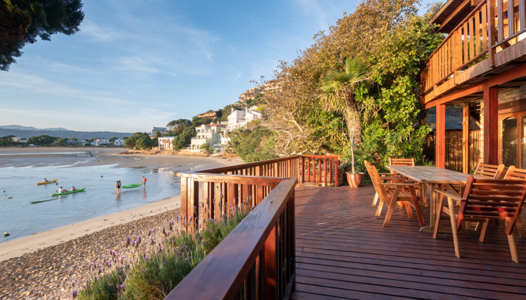 Deck set up for group gathering at a Paquita Villa overlooking the Knysna Lagoon.