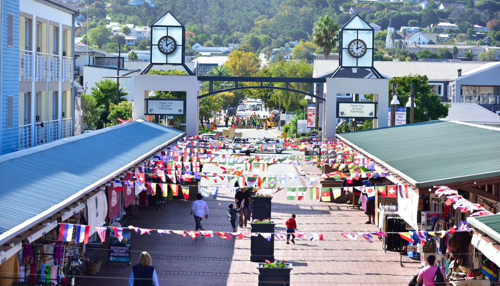 Knysna Waterfront shops and boats on a winter morning