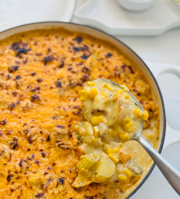 Roasted garlic, potato and sweetcorn casserole