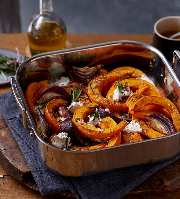Roasted pumpkin with red onion, seeds and goat’s cheese